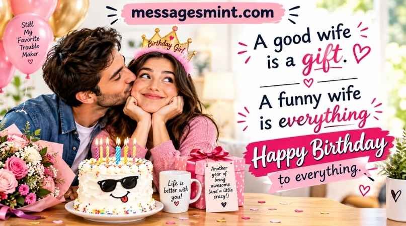 Funny Birthday Wishes for Wife with a cheerful birthday celebration, cake, gifts, and romantic couple.
