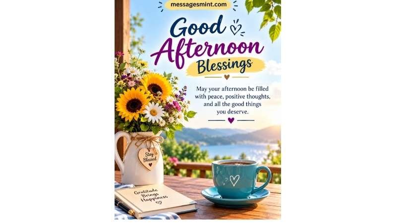 Good Afternoon Blessings with peaceful wishes, flowers, and a warm afternoon scene