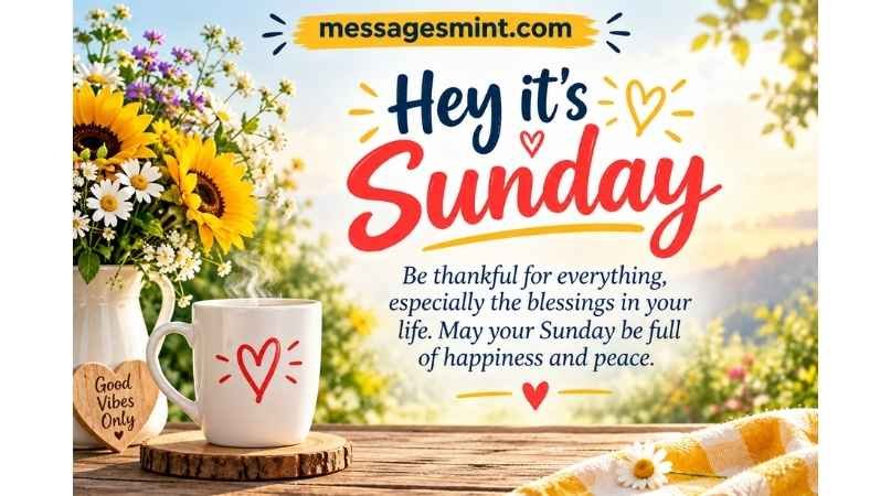 Happy Sunday Blessings & Wishes with beautiful flowers, sunshine, and a peaceful morning scene.
